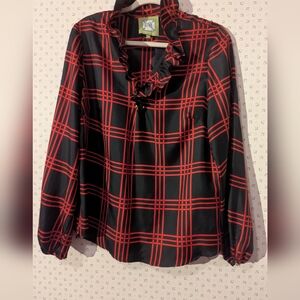 🖤 ♥️ Elizabeth McKay Blouse 14 Silk Ruffle Checkered Office Interview Timeless